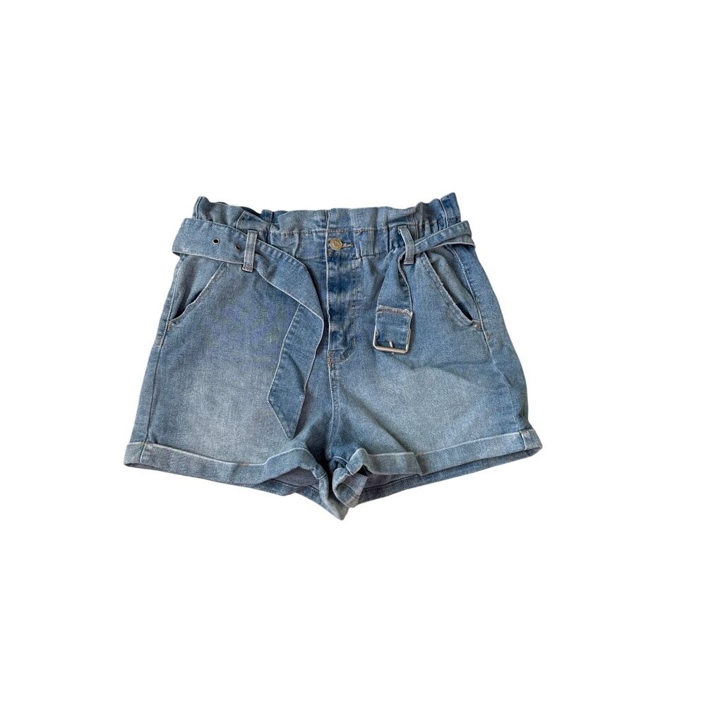 No‎ Boundaries Women's Belted Mom Paper Bag Denim Shorts Size M Ultra High Rise